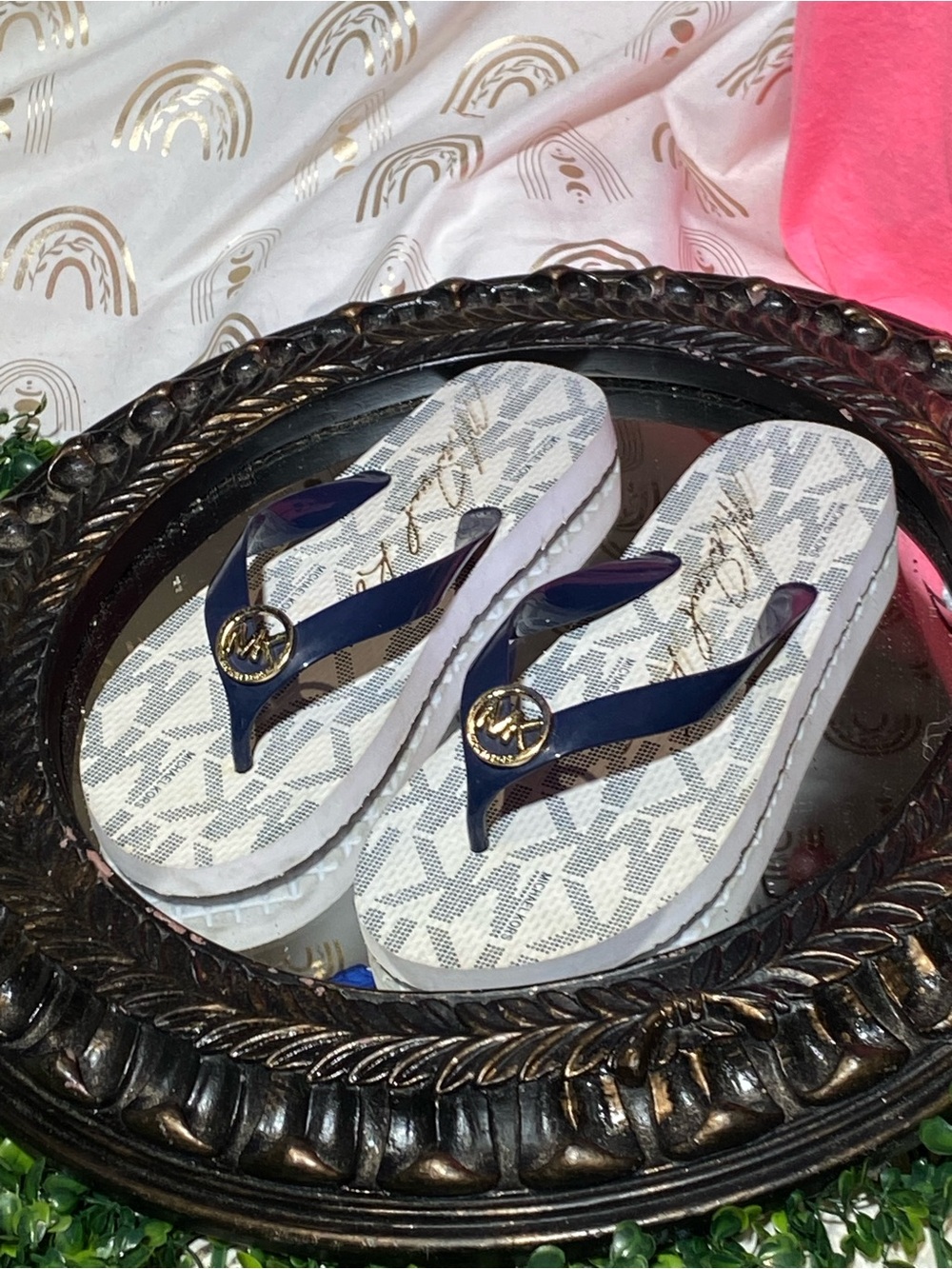 Michael Kors Navy and White Platform Logo Flip Flops